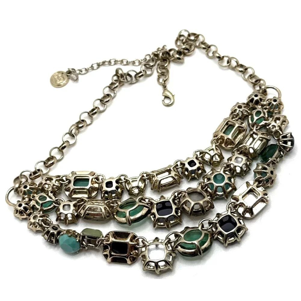DANA BUCHMAN Teal Blue Beige Rhinestone Bib Necklace Multistrand 16